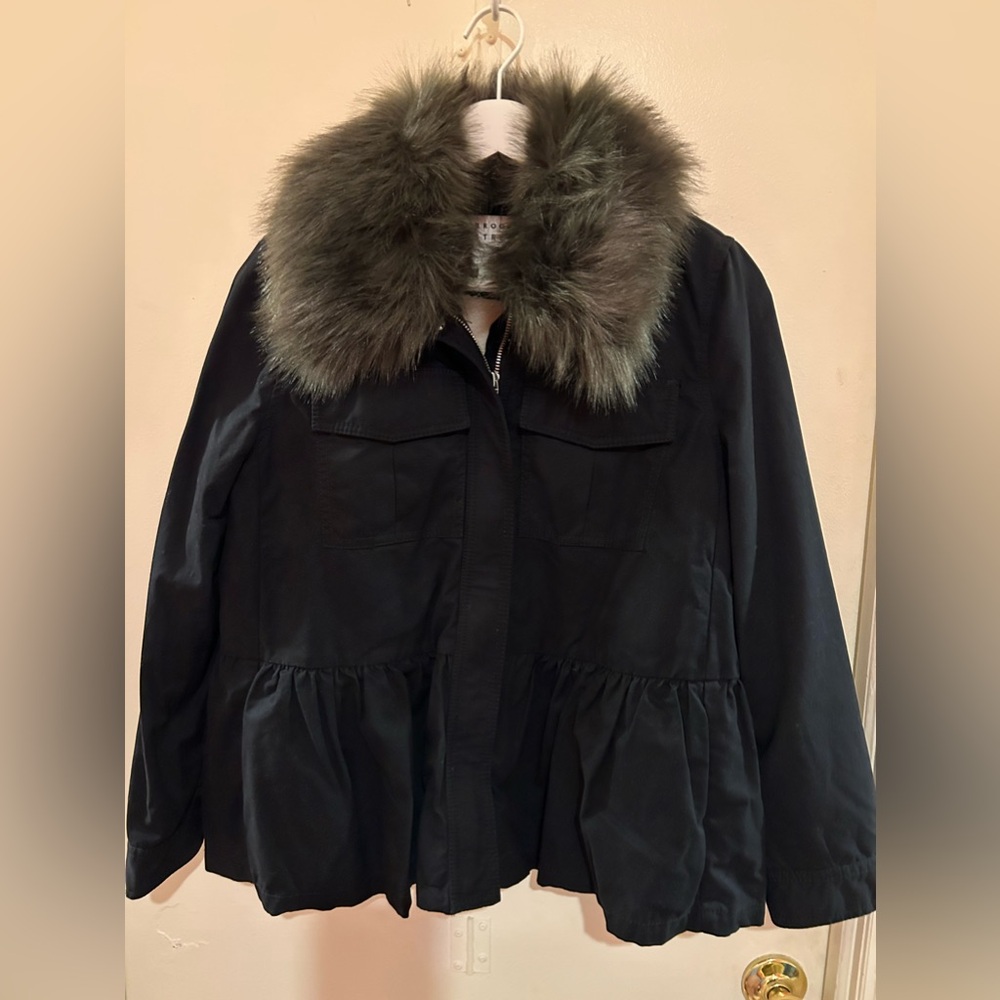 Kate Spade fur collar cotton barn jacket - black small NWT